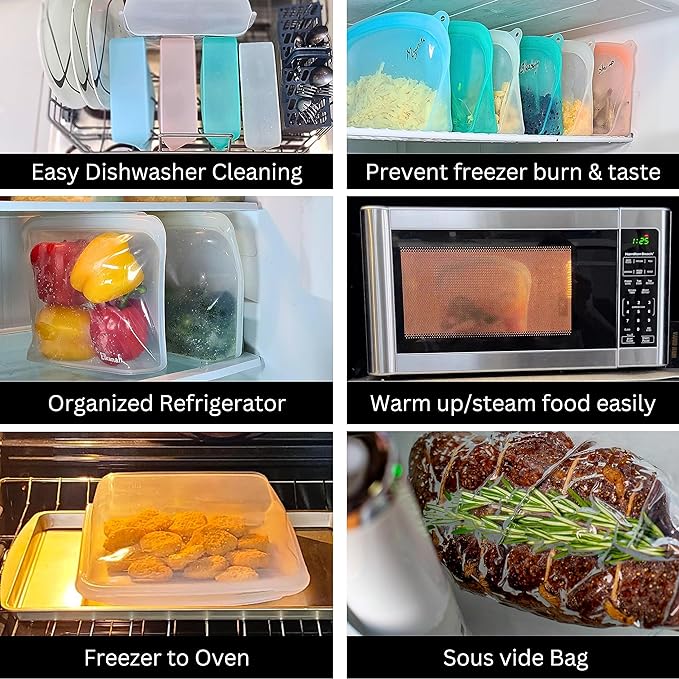 Elkanah Reusable Silicone Freezer Bags, XL 1 Gallon, Set of 2, Oven Safe | 116fl oz Reusable silicone bags that go from freezer to oven to sous vide — no more single-use bags