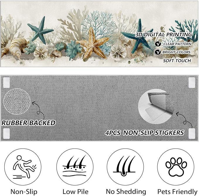 Starfish Coral Washable Runner Rug 2.6x7 - Ocean Seaside Entryway Rug, Ultra-Thin Kitchen Rugs, Marine Life Anti Slip Runner Rugs for Entrance Laundry Room Corridor Bedroom