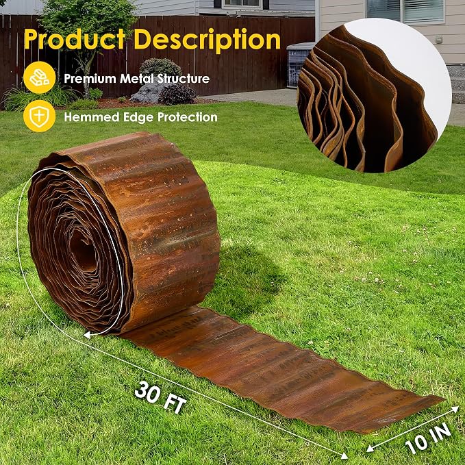 Vehipa Corrugated Landscape Edging 10" x 30 Ft Metal Garden Edging Rusty | for Lawn Landscaping, Sturdy Flower Bed Edging Border Garden, Garden Bed, Lawn