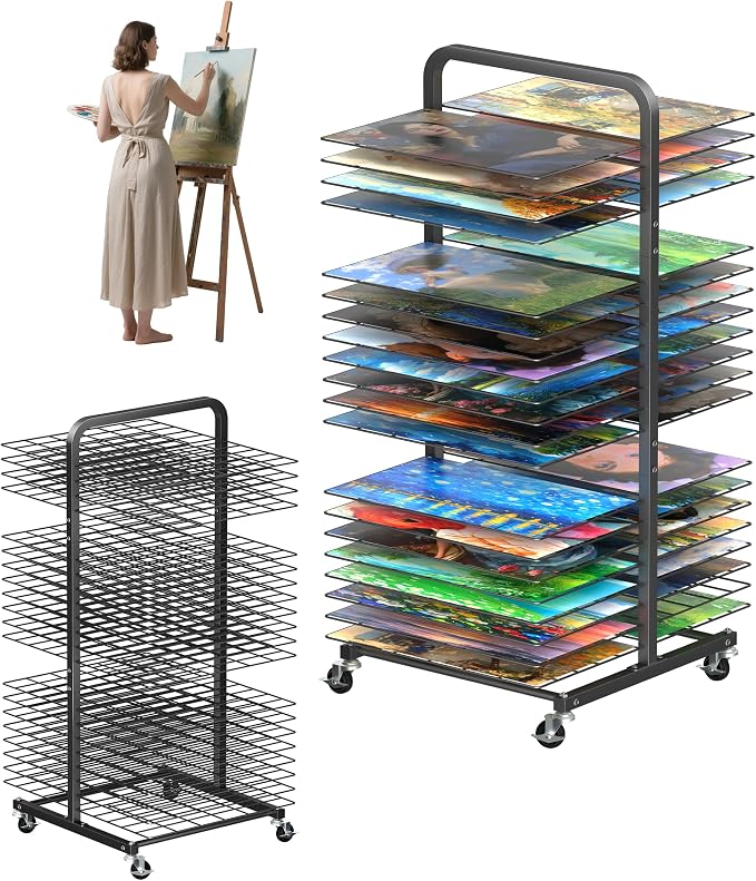 Art Drying Rack with 40 Removable Shelves, Mobile Metal Paint Drying Stand with Lockable Wheels, Functional Canvas Rack Art Storage for Artwork in Classrooms, Art Studios and Schools, Black