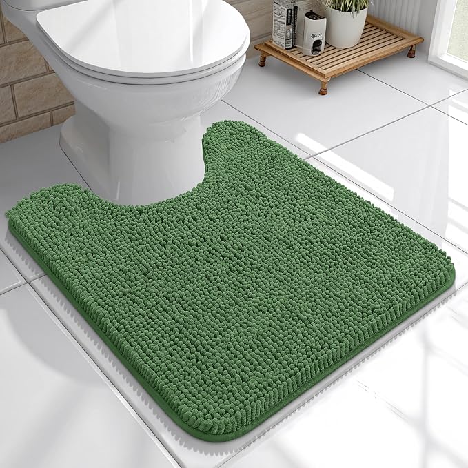 OLANLY Toilet Rugs U-Shaped 20x20, Extra Soft Absorbent Chenille Contour Bathroom Rugs for Toilet, Dry Quickly, Machine Washable, Non-Slip Bath Mat, Olive Green