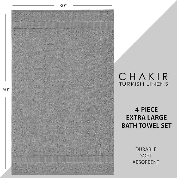 Chakir Turkish Linens 4 Piece Extra Large Bath Towels, 100% Cotton Luxury Turkish Towels for Bathroom, Soft Absorbent Bath Towels, 30 x 60 Inches, Gray