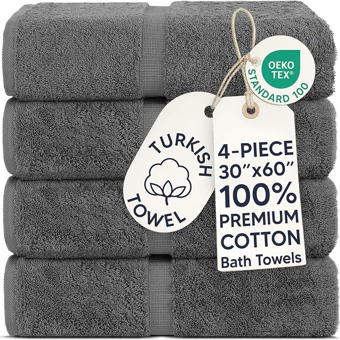 Chakir Turkish Linens 2 Piece Large Bath Towels, 100% Cotton Turkish Towels for Bathroom, Luxury Soft Absorbent Bath Towels, 30 x 60 Inches, Dark Gray