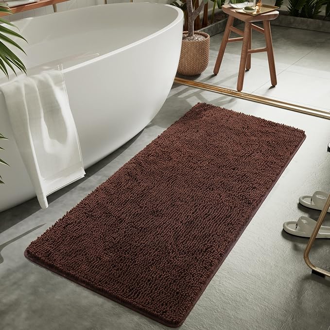 LOCHAS Luxury Bathroom Rug Shaggy Bath Mat 24 x 70 Inch, Brown | Washable Non Slip Bath Rugs for Bathroom Shower, Soft Plush Chenille Absorbent Carpets