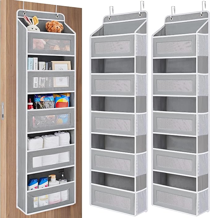 JARLINK Over the Door Organizer for Pantry, Bathroom, 5 Shelf Grey, 2 Pack | Anti-Tilt Design, 44 lb Load Capacity, Hanging Door Organizer with 5 Large Capacity Pockets, Behind Door Storage for Nursery