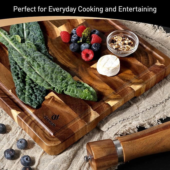 End Grain Cutting Board for Kitchen with Non-slip Feet, Acacia Wood Heavy Duty Checkered Cutting Board Upgraded Chopping Board with Juice Groove & Handle Large Wooden Butcher Block with Gift Box