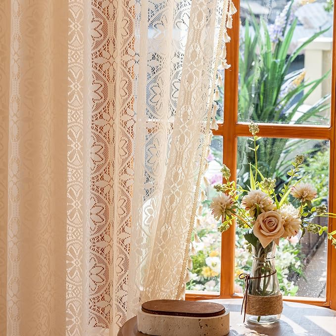 Sutuo Home Lace Sheer Curtains 2 Panels for Kitchen Bedroom, Floral Boho Window Drape Light Filtering Curtains Crochet Bohemian Vintage Chic Tassels Privacy Victorian Decor Rod Pocket, 50" x 63" Beige