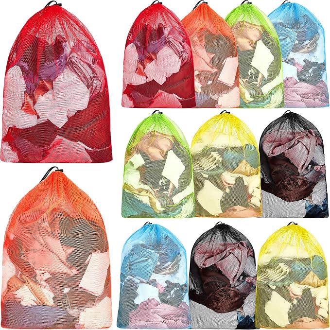 Berlune 12 Pcs 32 x 24 in Large Laundry Bag Colorful Extra Large Mesh Laundry Bag Bulk with Drawstring Heavy Duty Mesh Machine Washable Drawstring Pouch for Clothing Classification Dorms, Laundromats