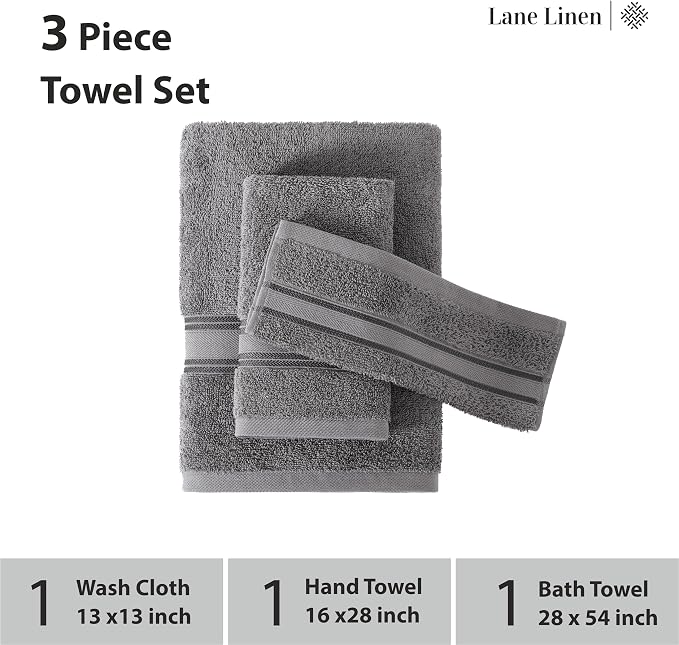 LANE LINEN Bathroom Towel Set 3 Piece Soft Absorbent Quick Dry - Cool Grey | Pack Of Towels - Coordinated Colors, Dobby Border Accent, OEKO-TEX Certified, Zero-Twist Durability, Zero-Twist Cotton