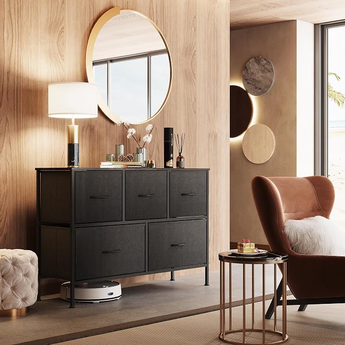 WLIVE 5 Drawer Dresser for Bedroom, Wide Chest of Drawers, Charcoal Black | 5 roomy fabric drawers, Wide low-profile design, Bedroom or closet use, Sturdy steel frame, Smooth wood tabletop