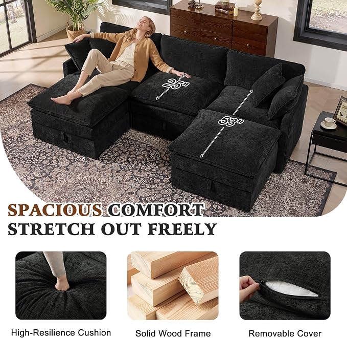 Ihanherry 103” Modular Sectional Sofa with Storage, U Shaped Cloud Couch with Movable Ottomans & 4 Pillows, Chenille Deep Seat Sectional Couches for Living Room, Apartment (Black)