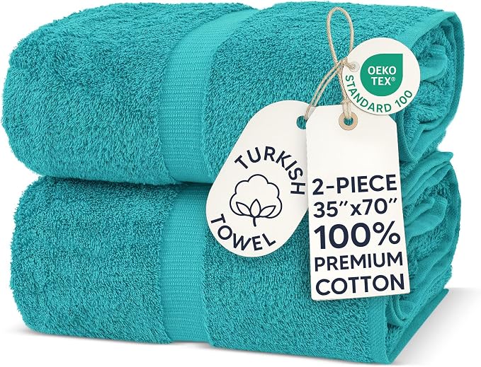 Chakir Turkish Linens 2 Piece Large Bath Sheets, 100% Cotton Luxury Turkish Towels for Bathroom, Soft Absorbent Oversized Bath Towels, 35 x 70 Inches, Aqua