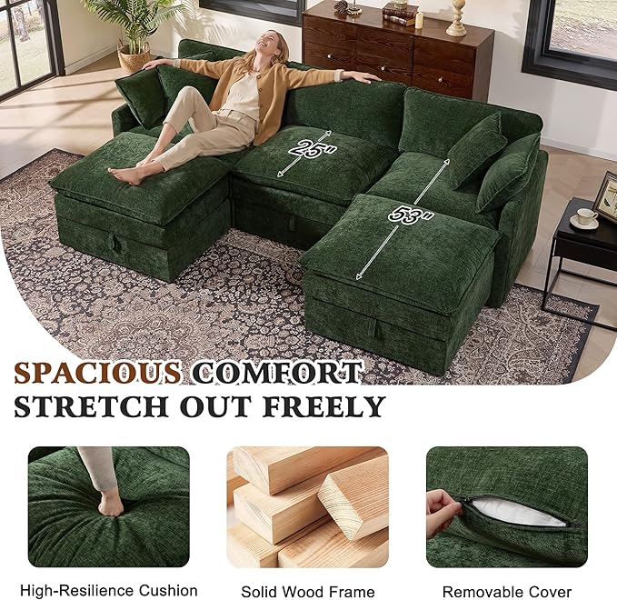 Ihanherry 103” Modular Sectional Sofa with Storage, U Shaped Cloud Couch with Movable Ottomans & 4 Pillows, Chenille Deep Seat Sectional Couches for Living Room, Apartment (Green)