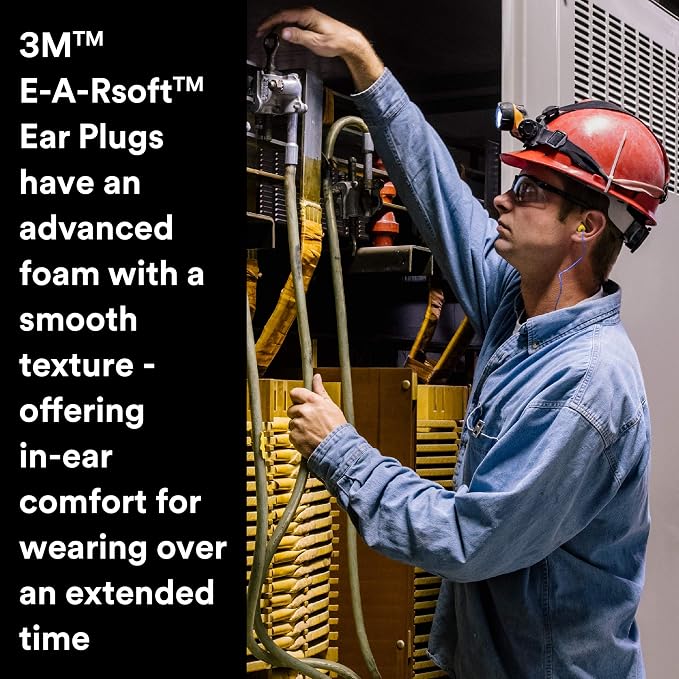 3M Ear Plugs, E-A-Rsoft Yellow Neons 311-1250, 200 Pair of Disposable Earplugs, Pairs Individually Wrapped, Regular Size, Corded, 33 NRR, Tapered Cylinder Shape, Slow Recovery Foam