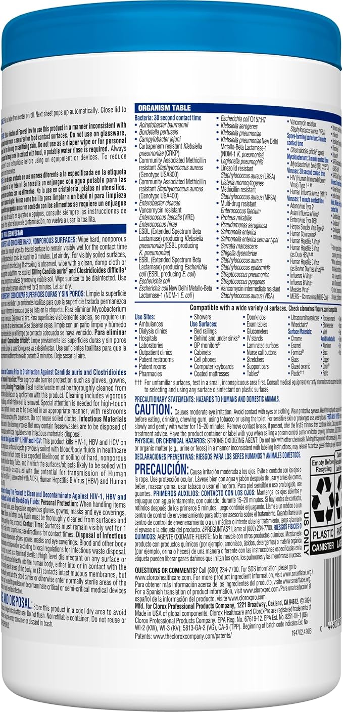 Clorox Healthcare Bleach Germicidal Wipes, 6" x 5", 150 Count Canister, Pack of 6 (Package May Vary)