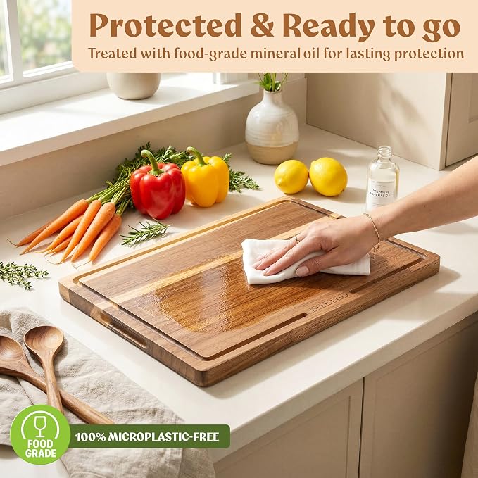 Acacia Wood Cutting Boards for Kitchen Set of 3, Double sided | Non toxic chopping boards: cut one side, serve on the other; FSC wooden, large kitchen boards for charcuterie