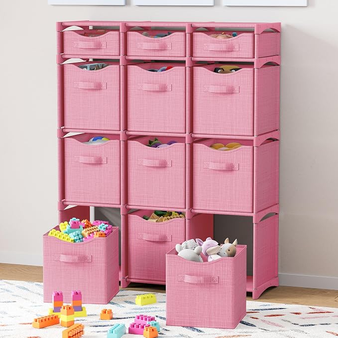 Cube Storage Organizer with 12 Storage Bins Included – Storage Cubes for Home Organization, Toy Storage, Office Storage, Living Room Storage, and General Storage Solution (Pink)