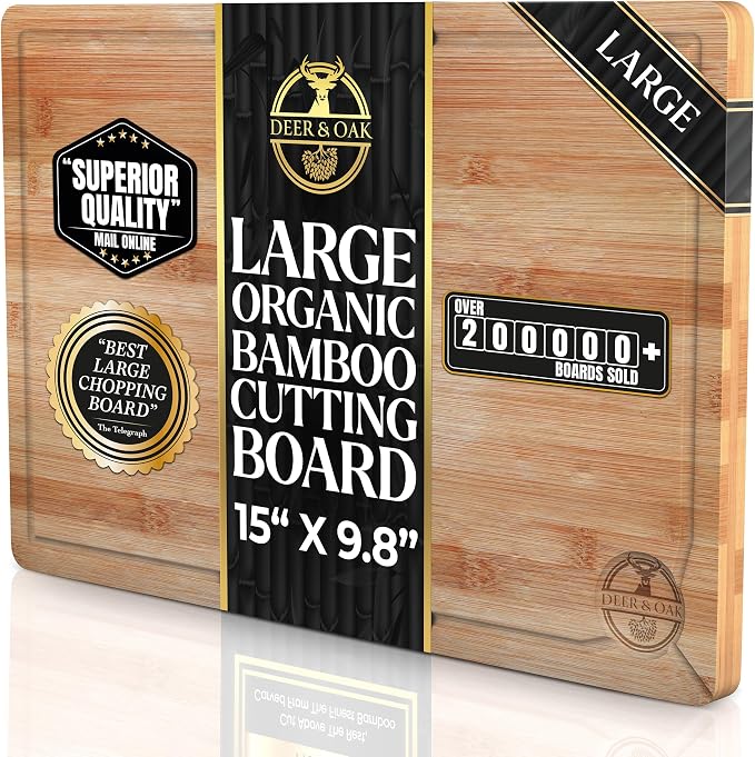 Deer & Oak Large Bamboo Cutting Board 15 x 9.8 x 0.8 Inch, Pre-Oiled | Water resistant and knife friendly · For meat and vegetables in the kitchen