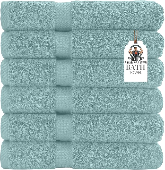 HERCULEAN Premium Bath Towels 24 x 48 Pack of 6 | Quick Dry and Highly Absorbent | 100% Cotton Terry Towels for Bathroom - Perfect for Shower - Pool and Spa - Luxury Soft Towels - Duck Egg