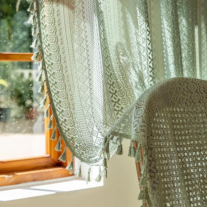 Sutuo Home Sage Green Boho Sheer Curtains 2 Panels for Bedroom Living Room | Vintage Lace Curtains Drape Bohemian French Country Privacy Crochet Light Filtering Tassels Christmas Rod Pocket, 50" x 90"