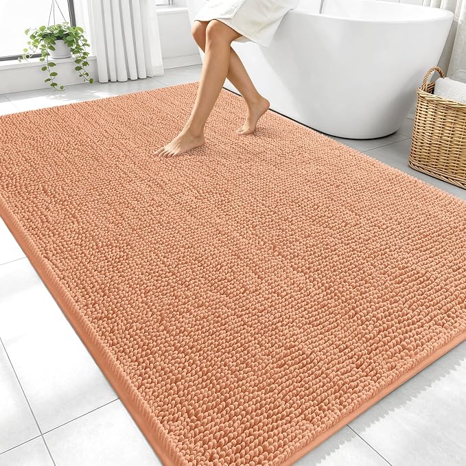 OLANLY Large Bathroom Rugs 70x46, Extra Soft Absorbent Chenille Bath Rugs, Rubber Backing Quick Dry, Machine Washable Bath Mats for Bathroom Floor, Tub and Shower, Home Decor Accessories, Peach