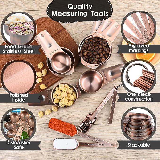 Measuring Cups and Spoons Set, Copper Plated Measuring Cups Spoons, Stainless Steel 7 Measuring cups and 9 Measuring Spoons 1 Leveler for Baking and Kitchen