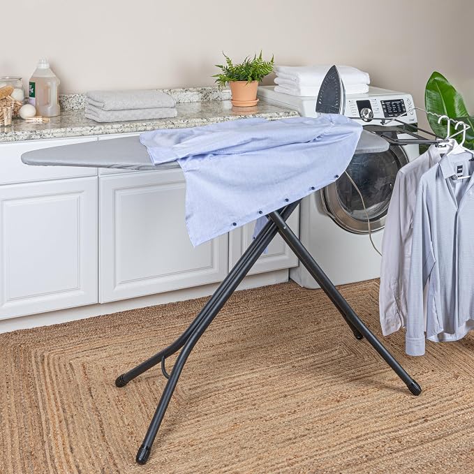 Household Essentials Wide Mega Ironing Board 4-Leg, Steel Top Pressing Station, Matte Black Frame, Grey Cover