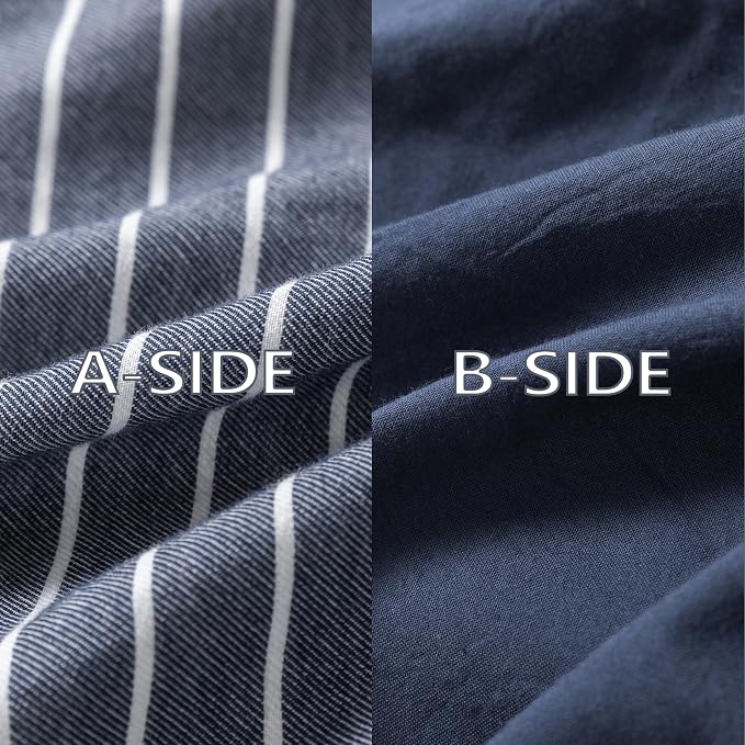 Reversible Duvet Cover Set 100% Washed Cotton Blue Stripe Linen Feel Duvet Cover Super King Size with Zipper Closure & 2 Pillow Shams,Navy/White Stripe Reverse Solid Navy