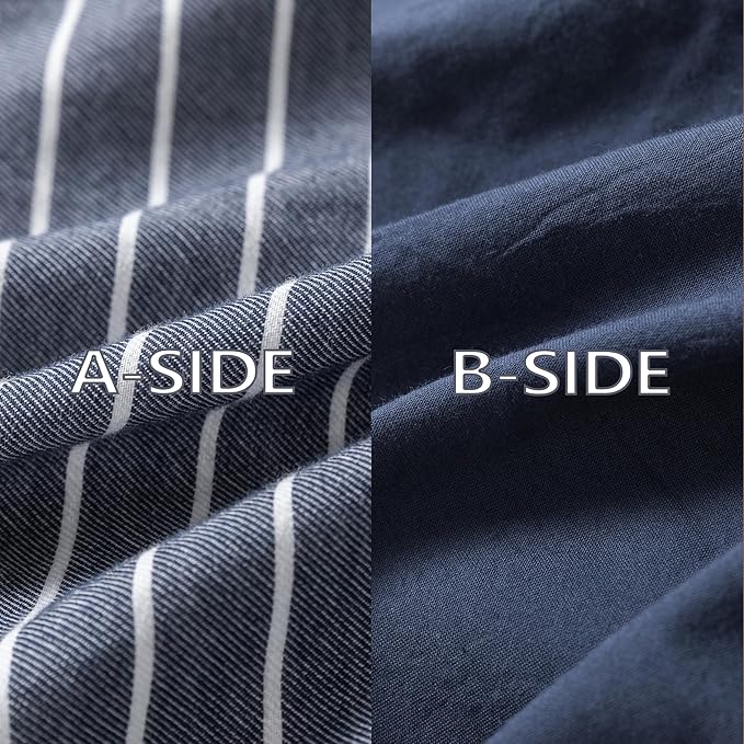 Reversible Duvet Cover Set 100% Washed Cotton Blue Stripe Linen Feel Duvet Cover Oversized Queen Size with Zipper Closure & 2 Pillow Shams,Navy/White Stripe Reverse Solid Navy