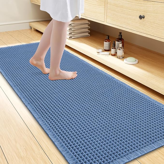 Smiry Waffle Bath Mat 60x24, Extra Soft Absorbent Bathroom Rugs, Non Slip Machine Washable Quick Dry Bath Rugs for Bathroom Floor, Tub, Shower, Home Decor Accessories, Blue