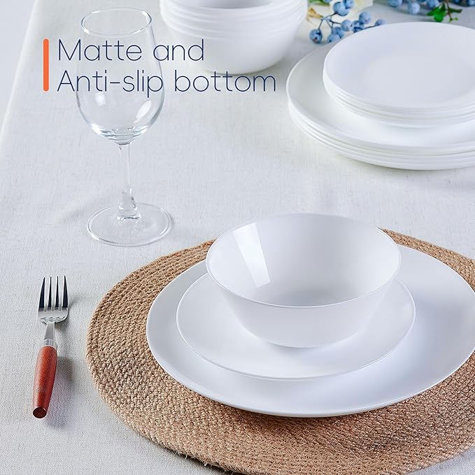 Dinnerware Sets for 6, 18 Piece White Opal Glass Dish Set | Plates and bowls with dishwasher and microwave safe features, chip and scratch resistant dishware for family meals