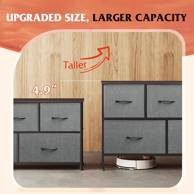 WLIVE 5 Drawer Dresser for Bedroom, Wide Chest of Drawers, Dark Grey | 5 roomy fabric drawers, Wide low-profile design, Bedroom or closet use, Sturdy steel frame, Smooth wood tabletop