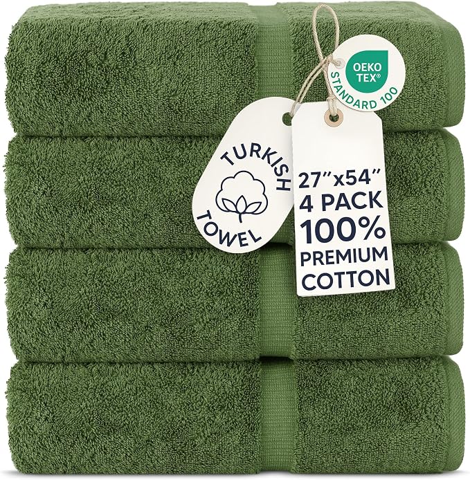 Chakir Turkish Linens 4 Piece Bath Towel Set, 100% Cotton Luxury Turkish Towels for Bathroom, Soft Absorbent Bath Towels, 27 x 54 Inches, Moss