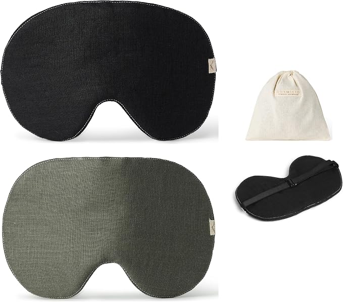 2-Pack Linen Eye Sleep Mask Oversized for Sleeping • Organic Oeko-TEX Standard • Blackout Eye Shade Cover • Adjustable Strap • Breathable Travel Meditation Essential •Gift idea Woman Man (Black+Pine)