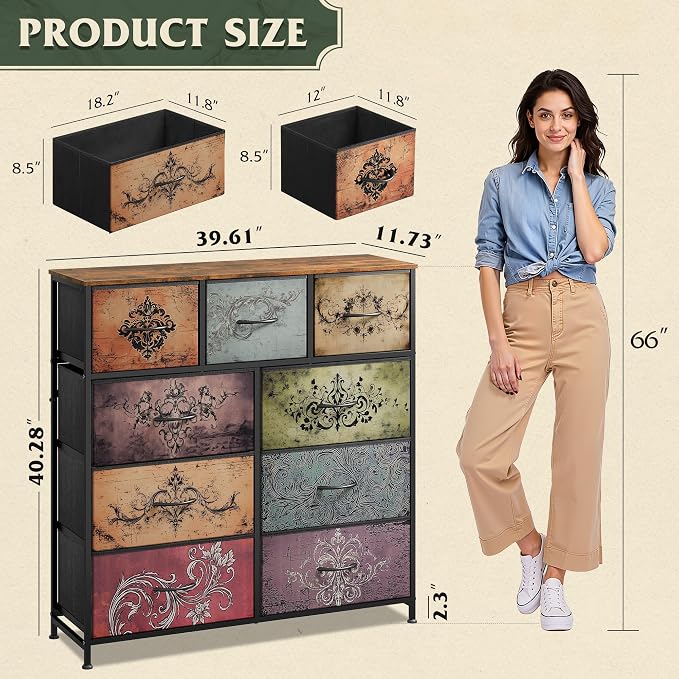 WLIVE 9 Drawer Dresser, Fabric Storage Tower for Bedroom, Hallway, Closet, Tall Chest Organizer Unit for Bedroom with Fabric Bins, Steel Frame, Wood Top, Easy Pull Handle, Pattern