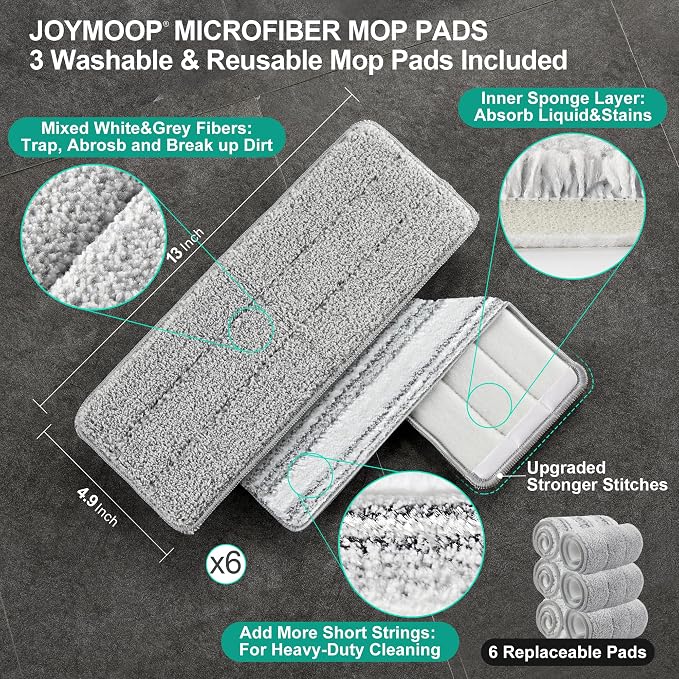 JOYMOOP Microfiber Flat Mop System with Bucket, White, Hands-Free Floor Cleaning Set, Wet and Dry Use, 6 Reusable Pads
