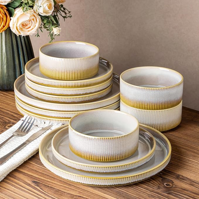TheTerra Ceramic Dinnerware Sets for 4, 12 Pieces Porcelain Lightweight Plates and Bowls Sets, Scratch Resistant Dish Set, Oven & Microwave & Dishwasher Safe, Autumn Haze