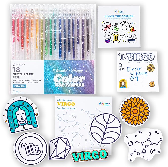 A Brighter Year Large Color The Cosmos Virgo Bundle - Adult Mini Coloring Book (3" x 3" - 50 Pages), Post It Notes (50-3” x 3”), Stickers, & Gel Pens - Stress Relief, Mindfulness, Gift, Travel