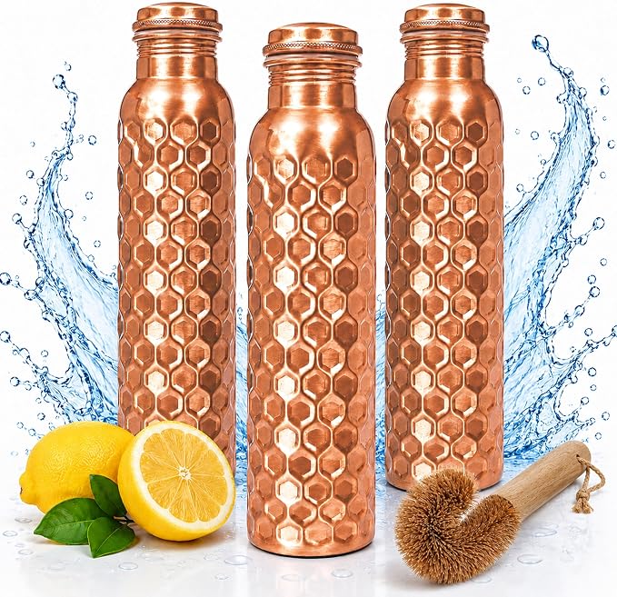 Copper Water Bottle,Ayurvedic Pure Copper Bottle For Drinking - Drink More Water, Lower Your Sugar Intake And Enjoy the Health Benefits Immediately,32 Oz(1Cleaning Brush +3 Diamond Bottle)