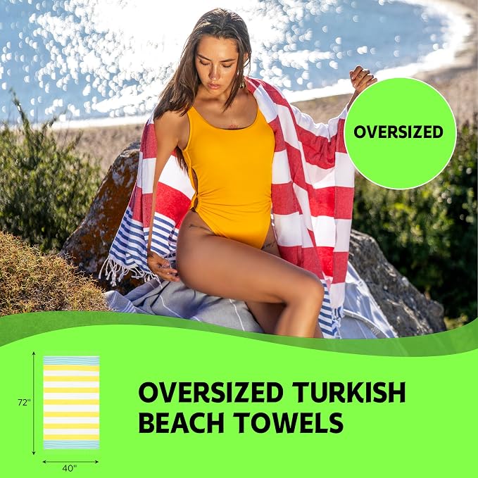 HAVLULAND Turkish Beach Towel, Set of 6, Oversized 72"L x 40"W, 100% Cotton | Sand-Free, Quick-Dry, Lightweight, Absorbent, Reversible, Towels Ideal for the Beach, Pool, Bath, Travel, Yoga, Gym, and Spa