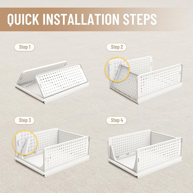 Pinkpum Stackable Plastic Storage Basket, Foldable Closet Organizers, Drawer Shelf Storage Container/Bins for Wardrobe Kitchen Bathroom Office Dorm, White, 4 Packs