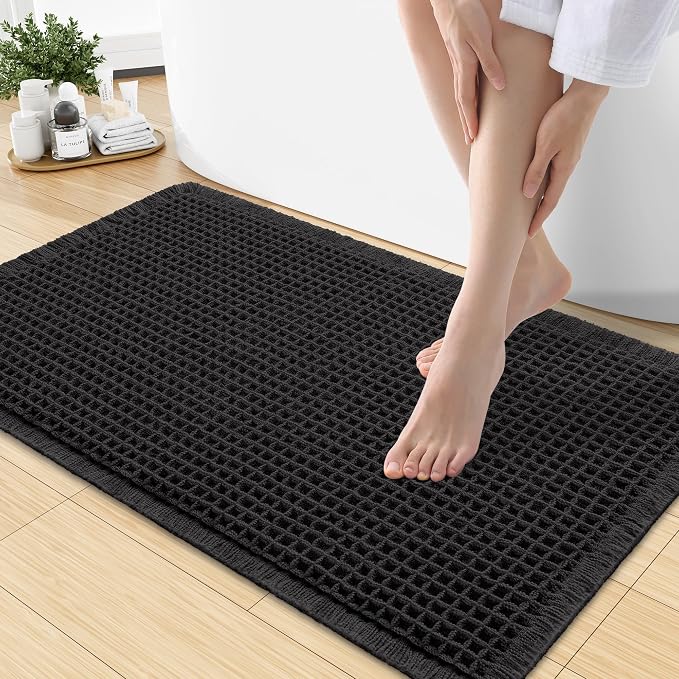 Smiry Waffle Bath Mat 30x18, Extra Soft Absorbent Bathroom Rugs, Non Slip Machine Washable Quick Dry Bath Rugs for Bathroom Floor, Tub, Shower, Home Decor Accessories, Black