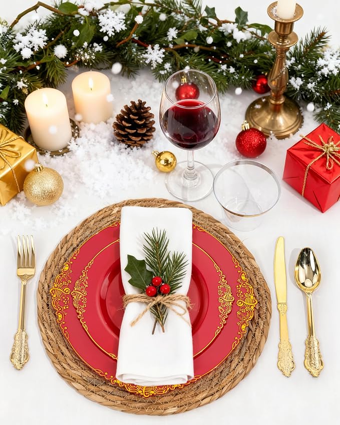 Nervure 350PCS Red Plastic Plates - Red Gold Plastic Dinnerware Sets for 50 Guests - 100 Gold Disposable Plates, 50 Pre Rolled Silverware Sets, 50 Cups Perfect for Wedding & Party