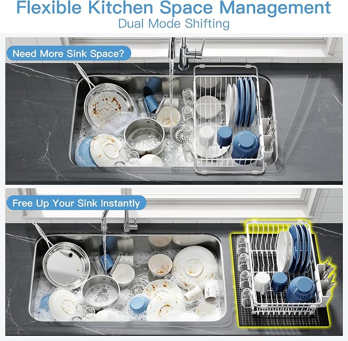 JASIWAY White Dish Drying Rack in Sink with Mat, Cups and Utensil Holder | Use Over the Sink or Counter, Stainless Steel Expandable Dish Drainer for Small Kitchen, Space Saving, Fast Drain, Rustproof