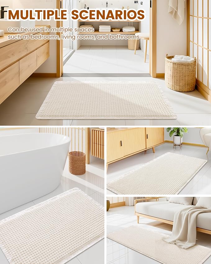 Smiry Waffle Bath Mat 60x24, Extra Soft Absorbent Bathroom Rugs, Non Slip Machine Washable Quick Dry Bath Rugs for Bathroom Floor, Tub, Shower, Home Decor Accessories, Cream
