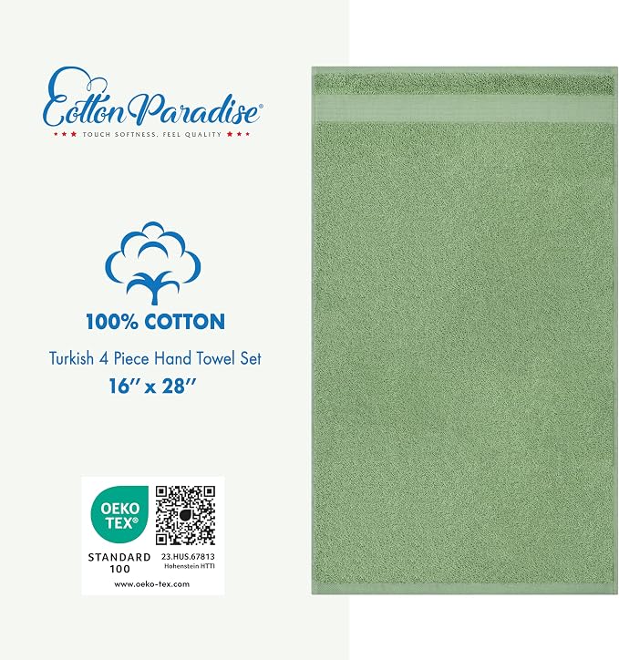 Cotton Paradise 100% Cotton Turkish Towel Set, Soft Absorbent Quick Dry, 4 Piece Hand Towel Set, Sage Green
