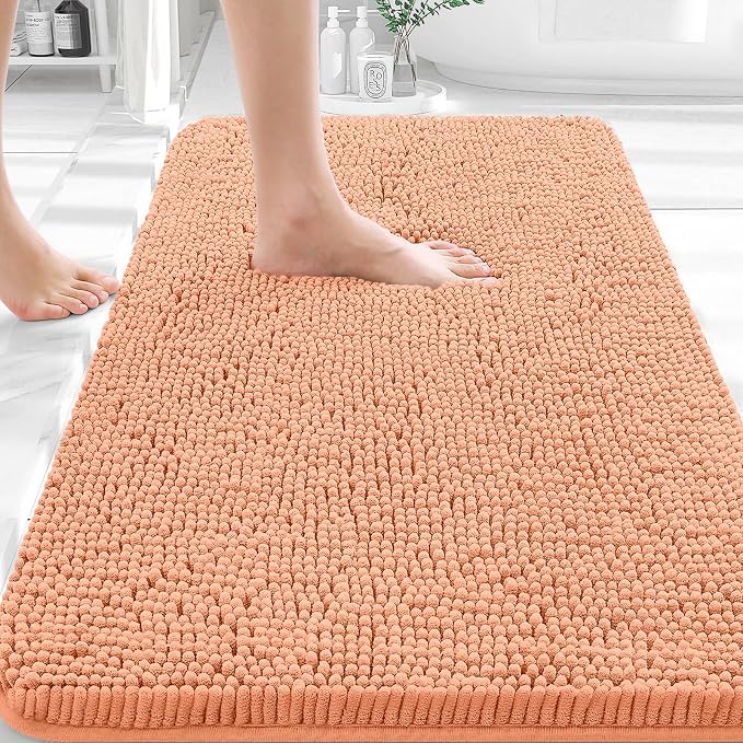 OLANLY Bathroom Rugs 30x18, Extra Soft Absorbent Chenille Bath Rugs, Rubber Backing Quick Dry, Machine Washable Bath Mats for Bathroom Floor, Tub and Shower, Home Decor Accessories, Peach