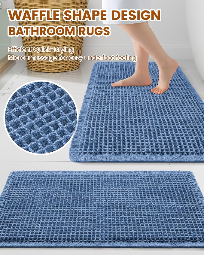 Smiry Waffle Bath Mat 47x24, Extra Soft Absorbent Bathroom Rugs, Non Slip Machine Washable Quick Dry Bath Rugs for Bathroom Floor, Tub, Shower, Home Decor Accessories, Blue