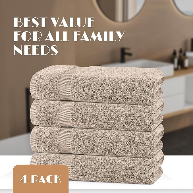 Wealuxe Taupe Bath Towels 27x54 Inch, Cotton Towel Set for Bathroom, Hotel, Gym, Spa, Soft Extra Absorbent Quick Dry 4 Pack
