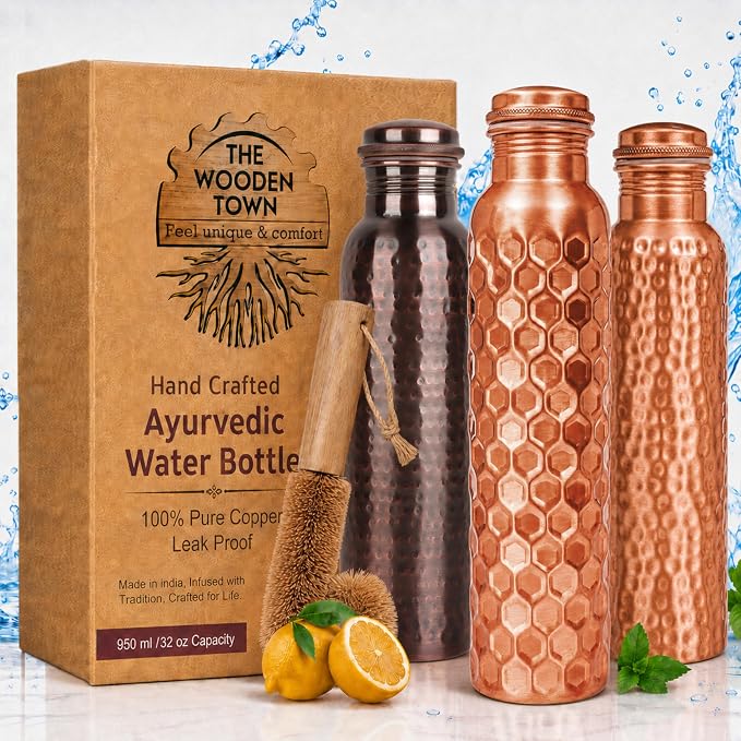 Copper Water Bottle,Ayurvedic Pure Copper Bottle For Drinking - Drink More Water, Lower Your Sugar Intake And Enjoy the Health Benefits Immediately,32 Oz (1Cleaning Brush+2 Hammered+1Diamond Bottle)